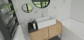 planta de casa de banho em branco e madeira