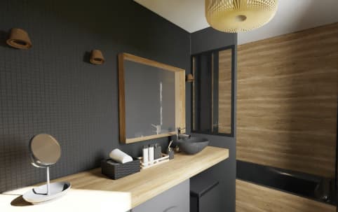 casa de banho preta e madeira 3D